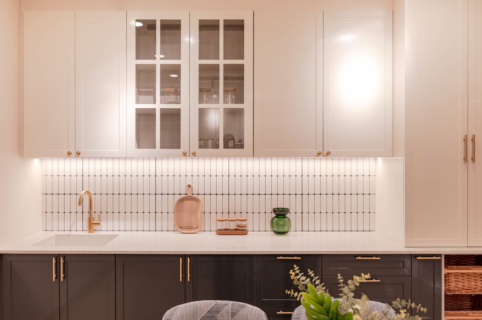 Beige Experience Centre — Modular Kitchen — Two-tone cabinets · brass hardware
