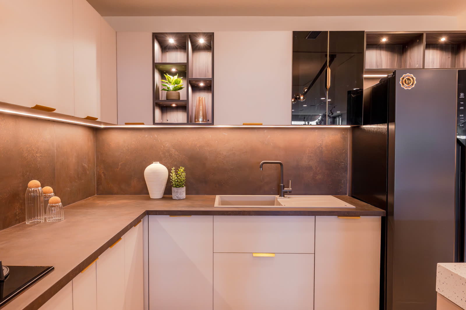 Beige Experience Centre — Modular Kitchen — Handleless white · integrated sink