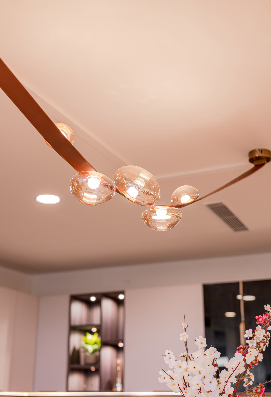 Beige Experience Centre — Pendant & Wall Light — Leather-strap glass pendants