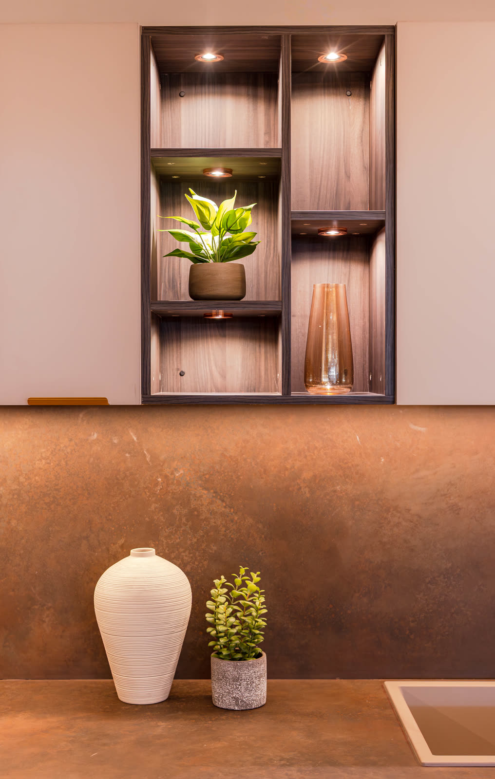 Beige Experience Centre — Modular Kitchen — Open shelving · integrated spot light