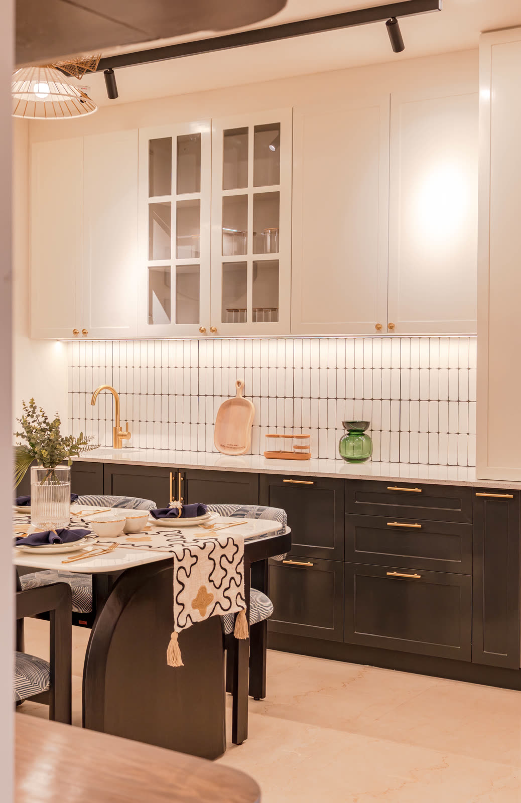 Beige Experience Centre — Modular Kitchen — Two-tone cabinets · brass pulls