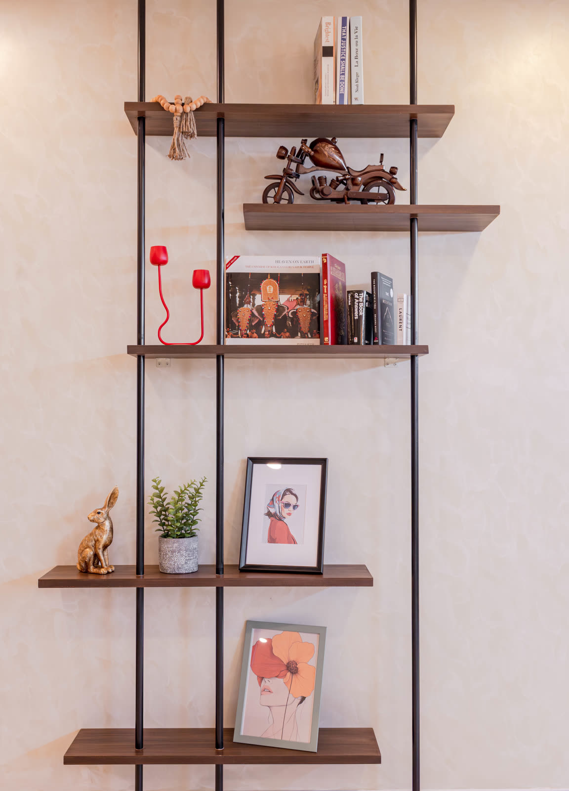 Beige Experience Centre — Display & Bookshelf — Floating wood · metal frame
