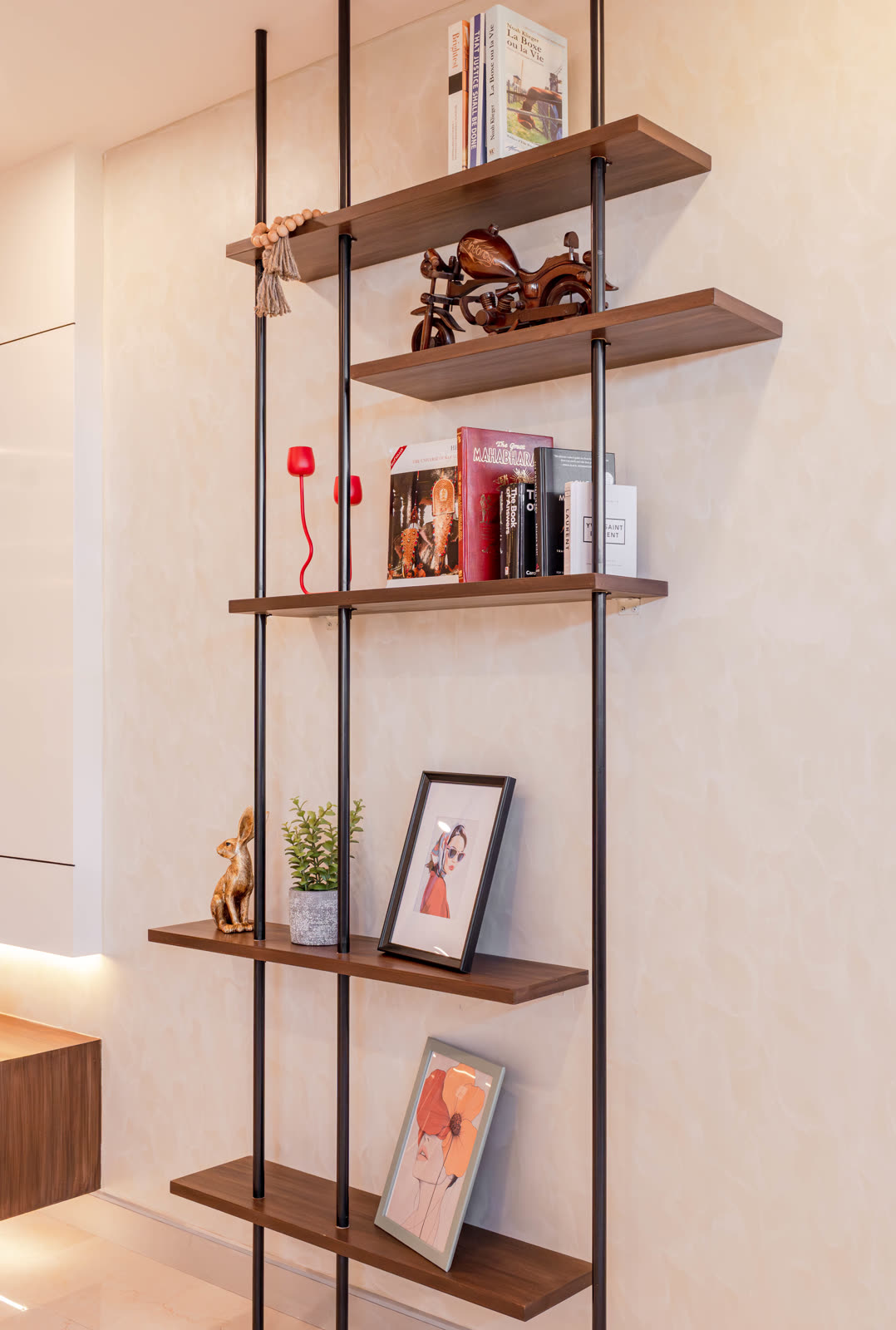 Beige Experience Centre — Display & Bookshelf — Open dark wood · metal rods