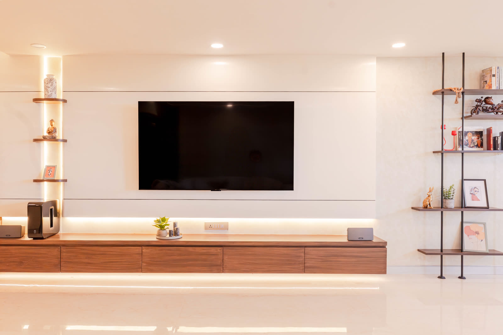 Beige Experience Centre — TV / Media Unit — Floating console · panelled accent