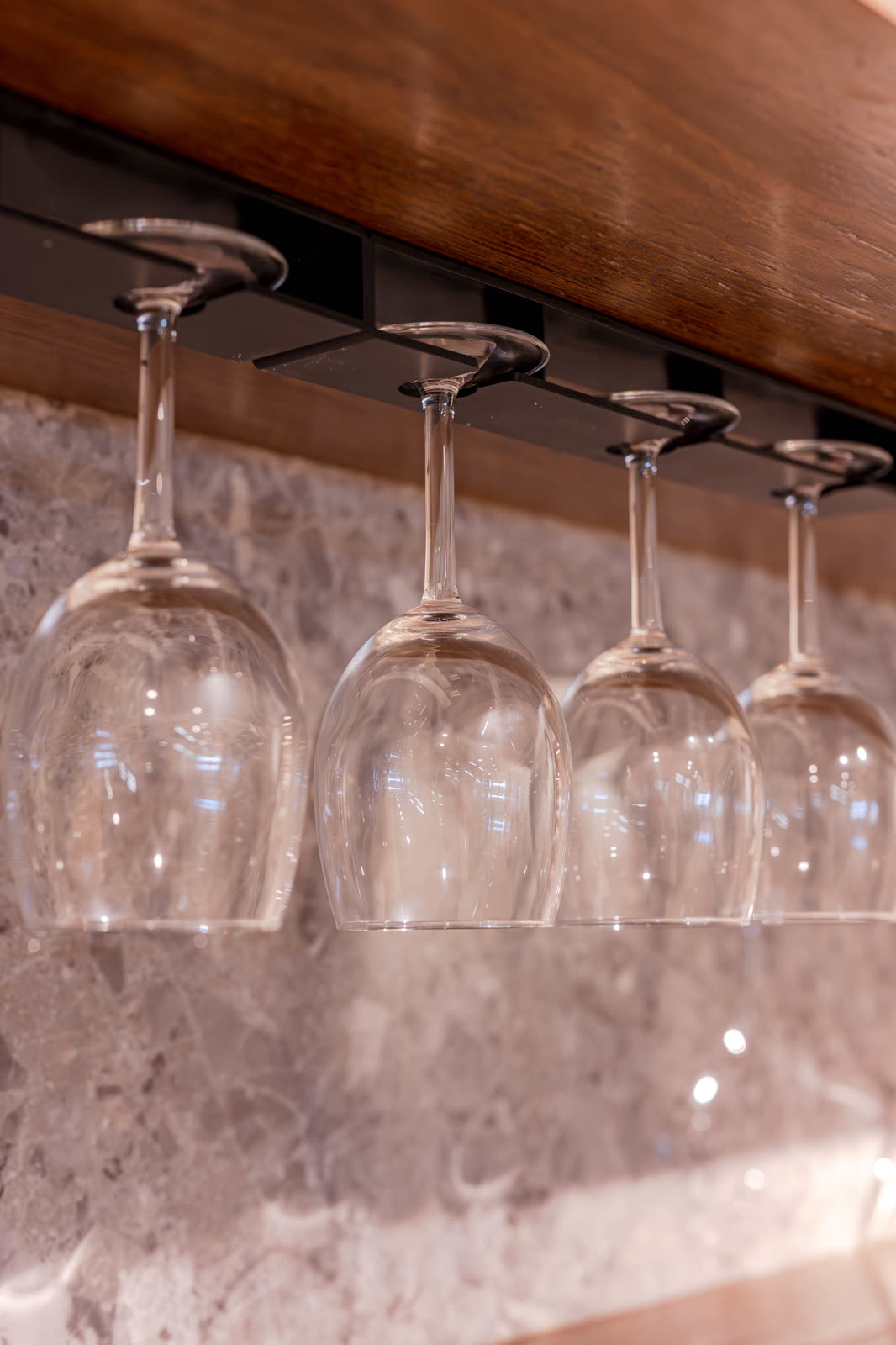 Beige Experience Centre — Bar Unit — Wood shelf · stemware rack