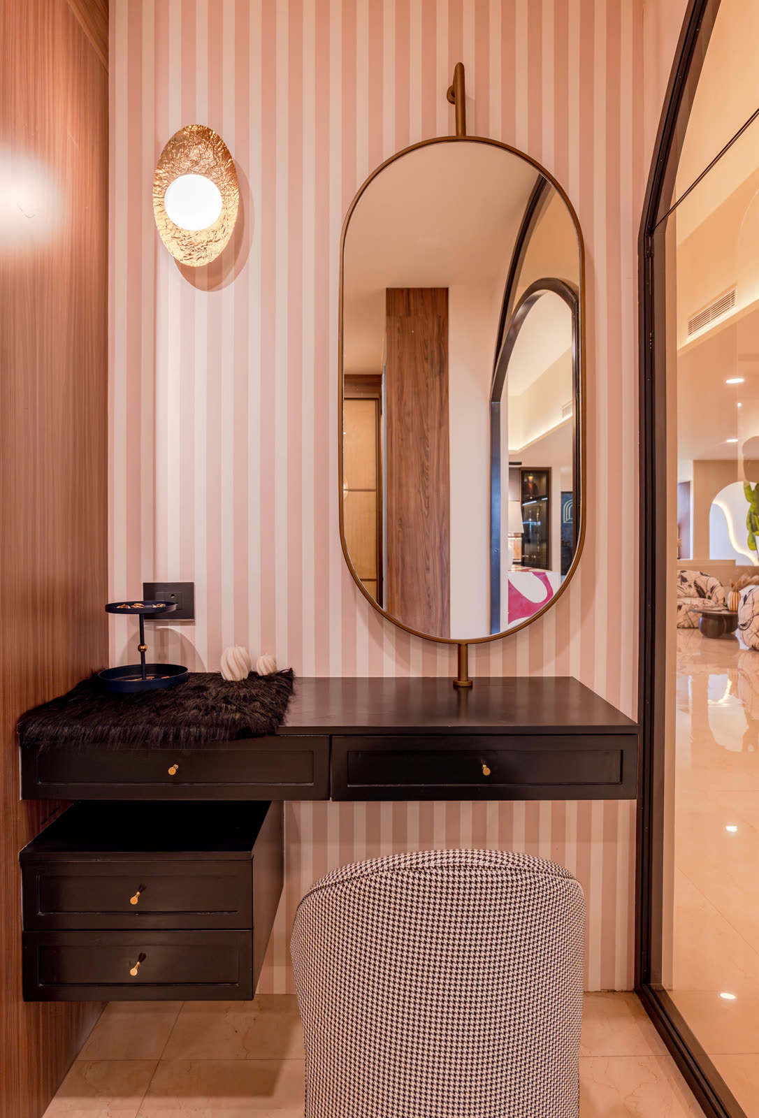 Beige Experience Centre — Dresser & Vanity — Striped wall · floating vanity
